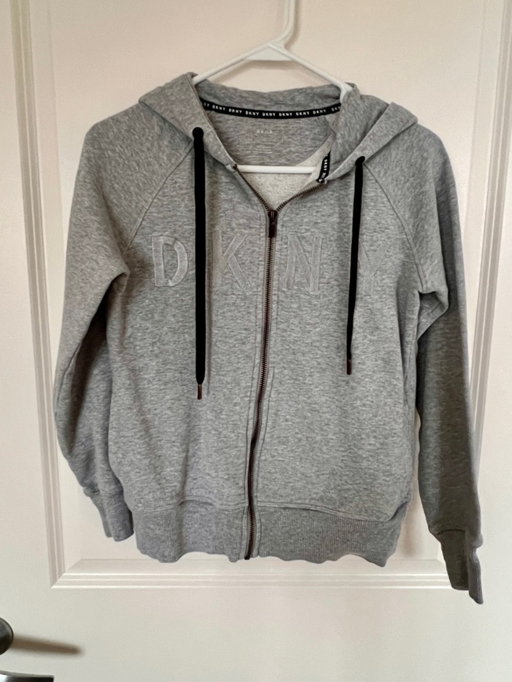 DKNY Light Gray Zip Hoodie with Black Drawstrings